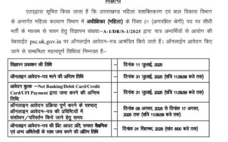 उत्तराखंड लोक सेवा आयोग द्वारा महिला कल्याण विभाग में भर्ती की घोषणा