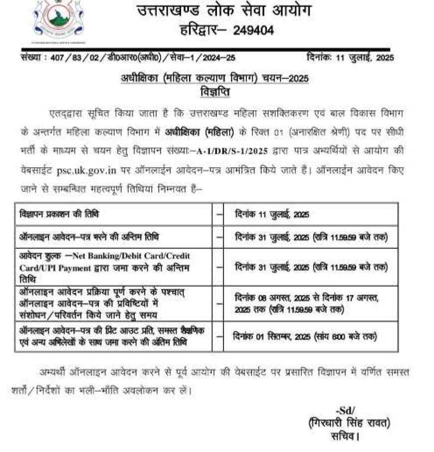 बड़ी खबर-उत्तराखंड लोक सेवा आयोग ने निकाली इस भर्ती की विज्ञप्ति