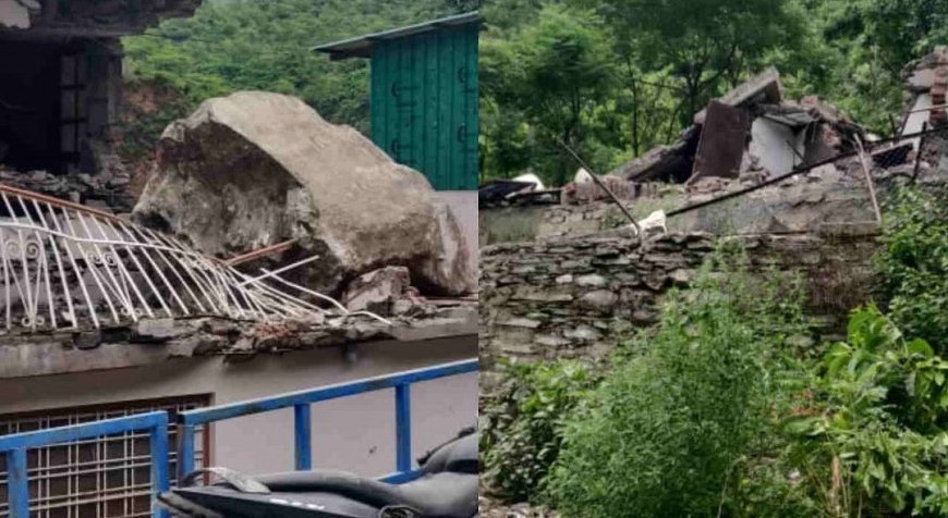 देवप्रयाग में नृसिंहगाचल पर्वत से भूस्खलन, मकान क्षतिग्रस्त, वाहन दबे, एक घायल