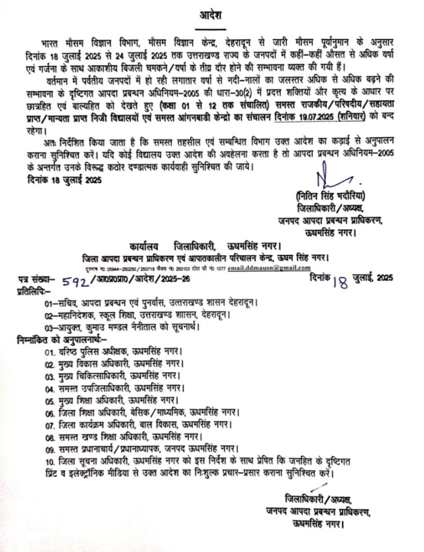 बड़ी खबर-(उत्तराखंड) भारी बारिश का अलर्ट, इस जिले के स्कूलों में एक दिन का अवकाश घोषित
