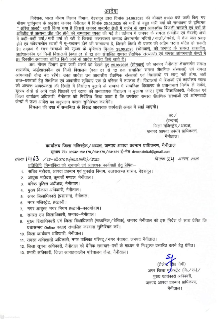 बड़ी खबर-(नैनीताल) भारी बारिश के अलर्ट को लेकर नैनीताल जिले के स्कूलों में कल छुट्टी के आदेश