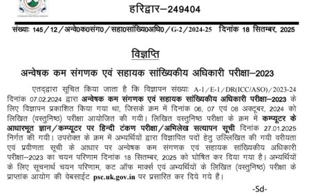 उत्तराखंड लोक सेवा आयोग ने जारी किया अन्वेषक कम संगणक एवं सहायक सांख्यिकीय अधिकारी परीक्षा-2023 का परिणाम