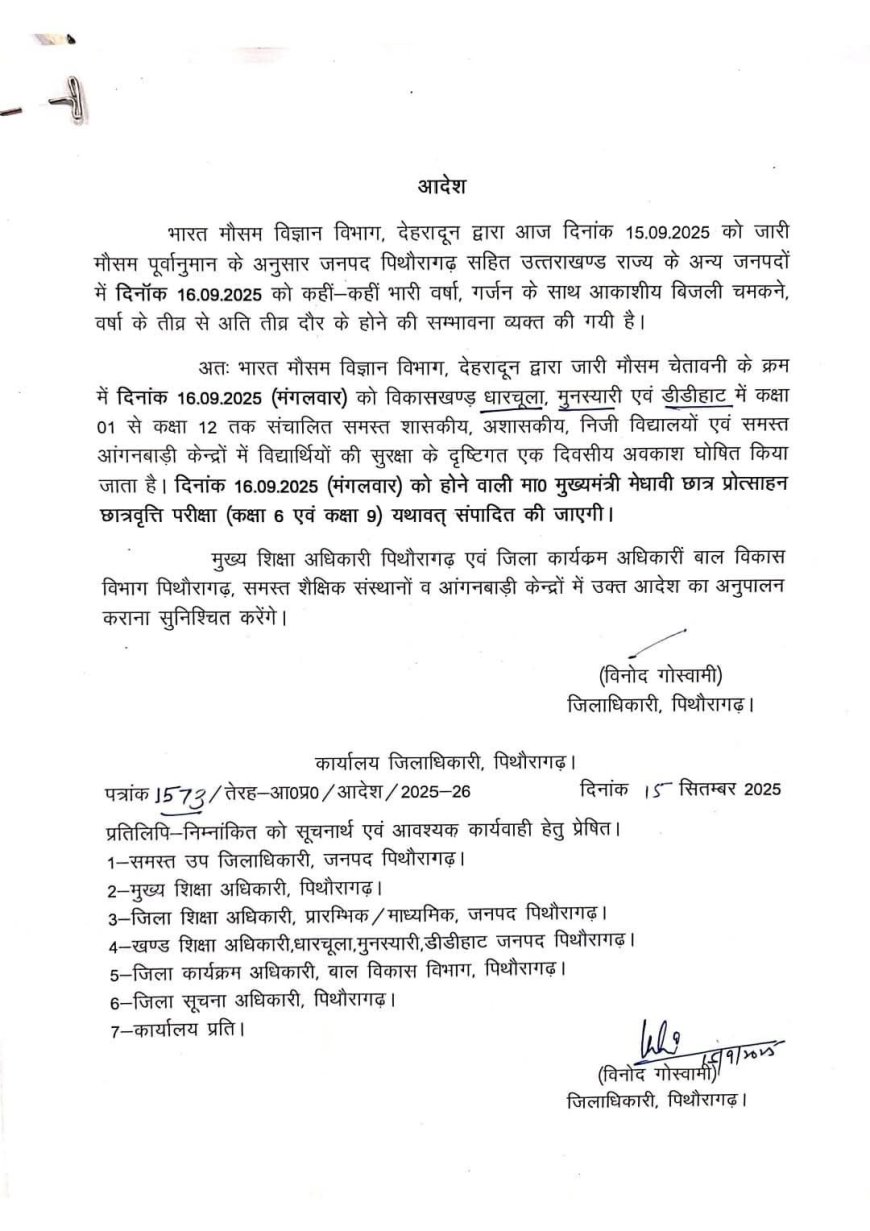 उत्तराखंड में भारी बारिश का पूर्वानुमान, पिथौरागढ़ के स्कूलों में अवकाश घोषित