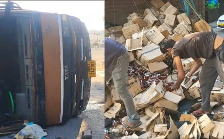 सड़क पर फैली शराब, पौड़ी जा रहा शराब से लदा ट्रक हाइवे पर पलटा