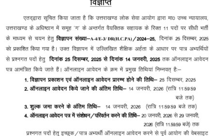 बड़ी खबर-(देहरादून) समूह ‘ग’ के अन्तर्गत रिक्त पदों पर सीधी भर्ती, ये है ऑनलाइन आवेदन की तिथि