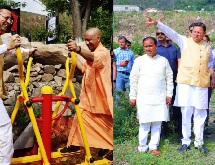 योगी आदित्यनाथ के पैतृक गांव में उद्घाटन हुआ ओपन जिम, मुख्यमंत्री धामी संग की कसरत