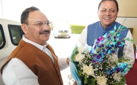 मुख्यमंत्री पुष्कर सिंह धामी ने केंद्रीय मंत्री जे.पी. नड्डा का उत्तराखंड में स्वागत किया