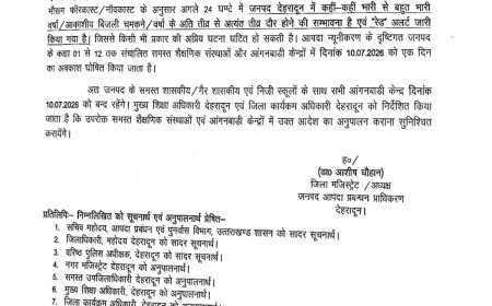 देहरादून में 10 जुलाई को भारी बारिश का रेड अलर्ट, सभी स्कूल और आंगनबाड़ी केंद्र रहेंगे बंद