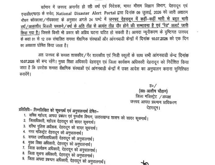 देहरादून में 10 जुलाई को भारी बारिश का रेड अलर्ट, सभी स्कूल और आंगनबाड़ी केंद्र रहेंगे बंद