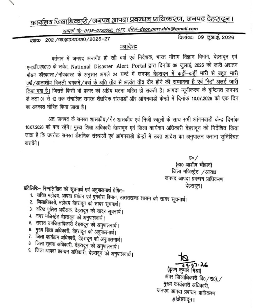 देहरादून में 10 जुलाई को भारी बारिश का रेड अलर्ट, सभी स्कूल और आंगनबाड़ी केंद्र रहेंगे बंद